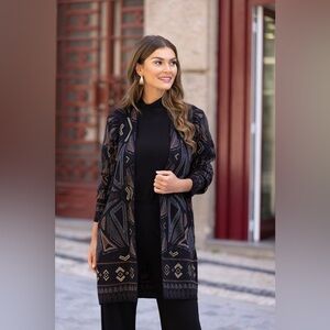 Frank Lyman Design Black Geometric Open Cardigan with Tan and Gray Accents